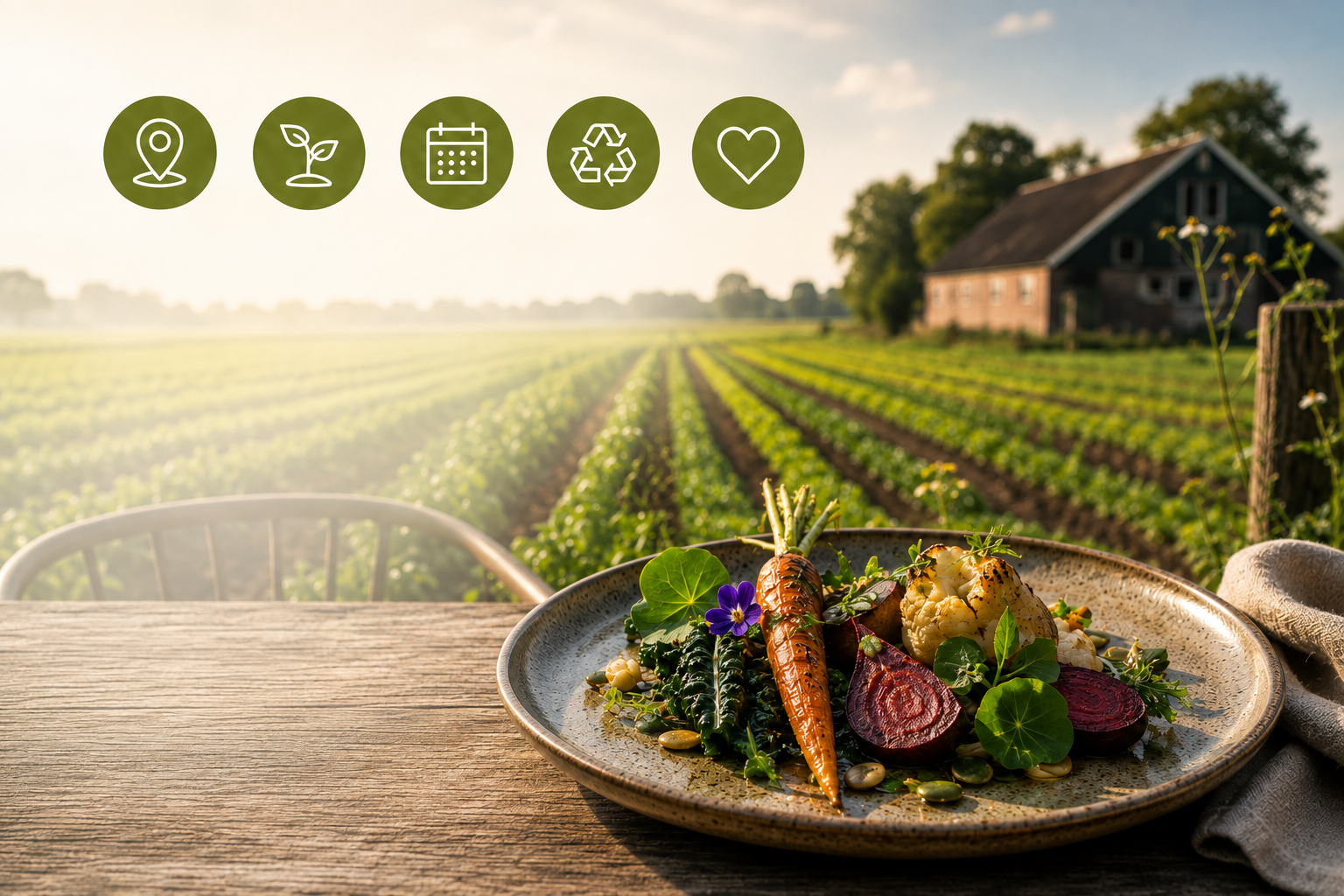 Een duurzaam gerecht op een boerderij met vijf groene emblemen
